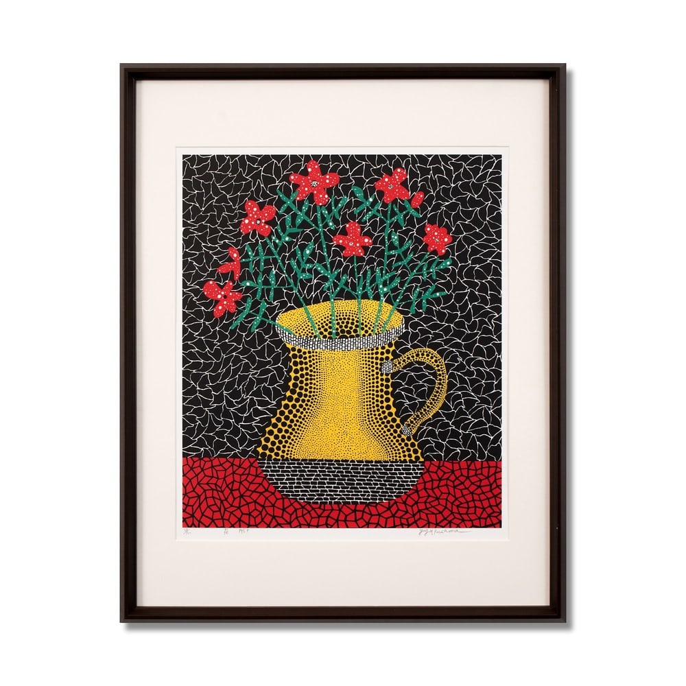 YAYOI KUSAMA (B.1929), SILKSCREEN PRINT: Signed (lower right) Image Dimensions: 21 5/8 x 18 1/2 in (55 x 47 cm) Framed Dimensions: 31 1/2 x 25 1/4 in (80 x 64 cm) Yayoi Kusama (b. 1929) stands as one of the most iconic and influential female
