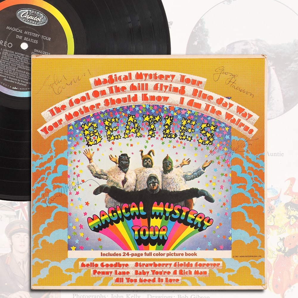 THE BEATLES FULLY SIGNED "MAGICAL MYSTERY TOUR" LP: 12 1/4 x 12 1/4 Provenance and Authentication: This collectible has undergone a rigorous forensic evaluation. The signatures were carefully analyzed across multiple criteria, including ink deposition,