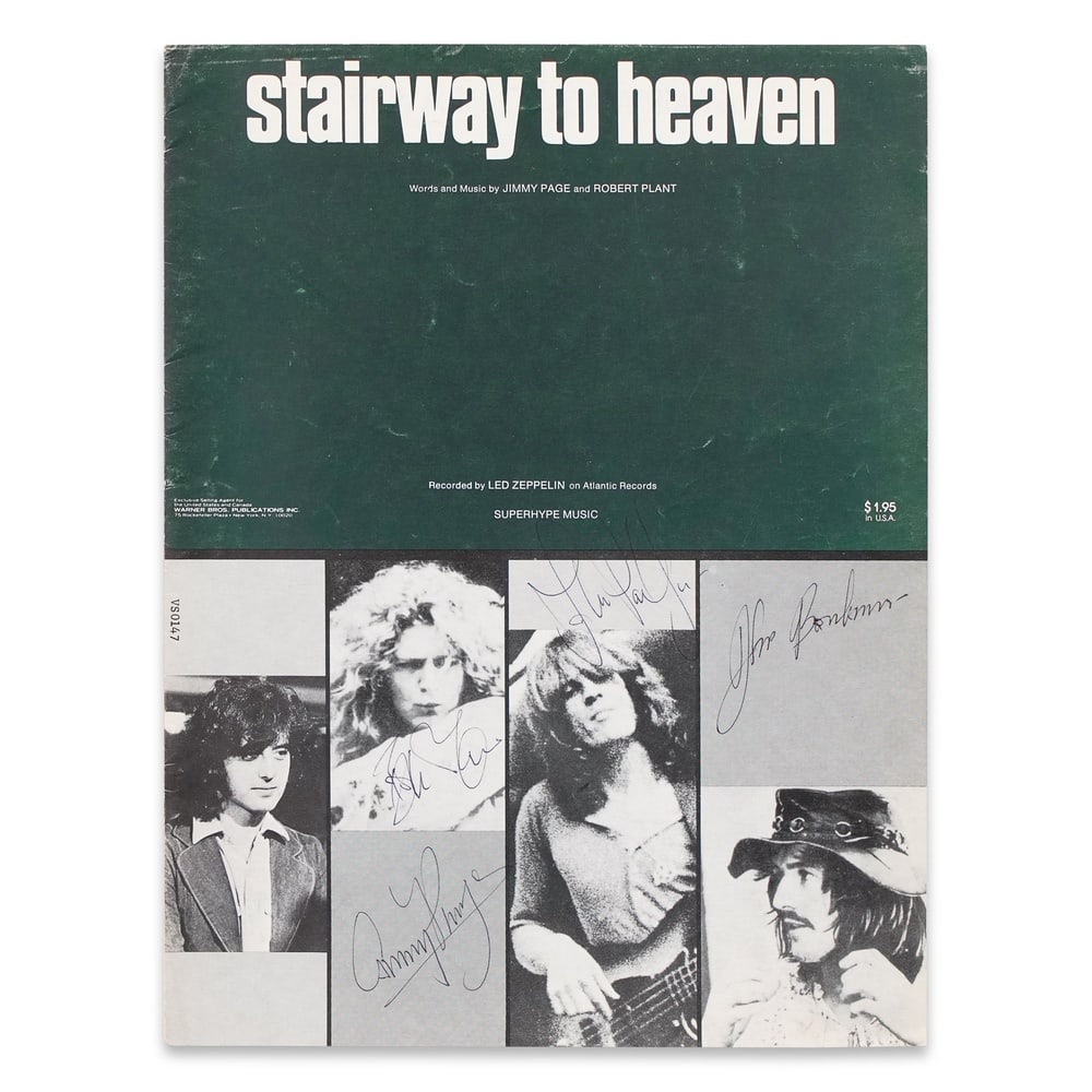LED ZEPPELIN FULLY SIGNED "STAIRWAY TO HEAVEN" SHEET MUSIC: 12 x 9 in (30.5 x 23 cm) Provenance and Authentication: This collectible has undergone a rigorous forensic evaluation. The signatures were carefully analyzed across multiple criteria, including ink