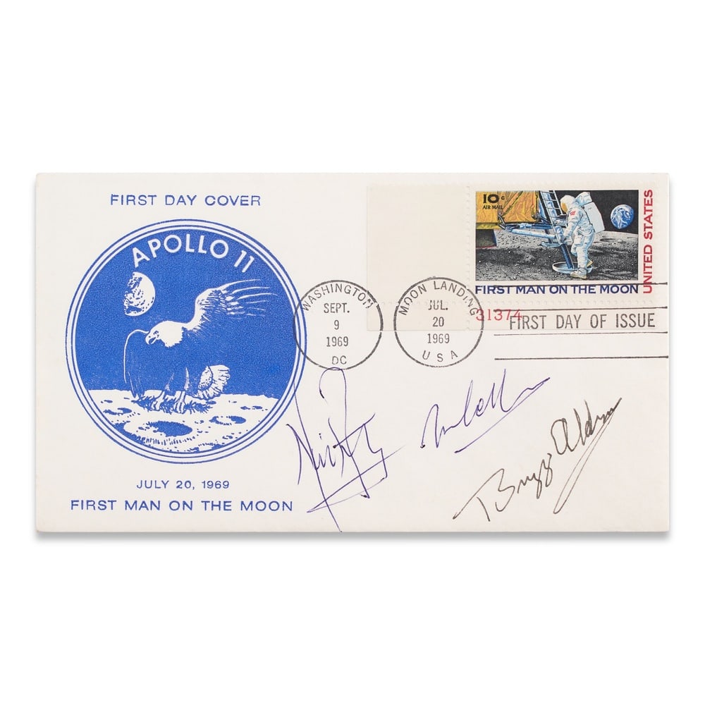 APOLLO 11 FULLY SIGNED "FIRST DAY OF ISSUE" MOON LANDING COVER: 6 1/2 x 3 3/4 in (16.5 x 9.5 cm) Provenance and Authentication: This collectible has undergone a rigorous forensic evaluation. The signatures were carefully analyzed across multiple criteria,
