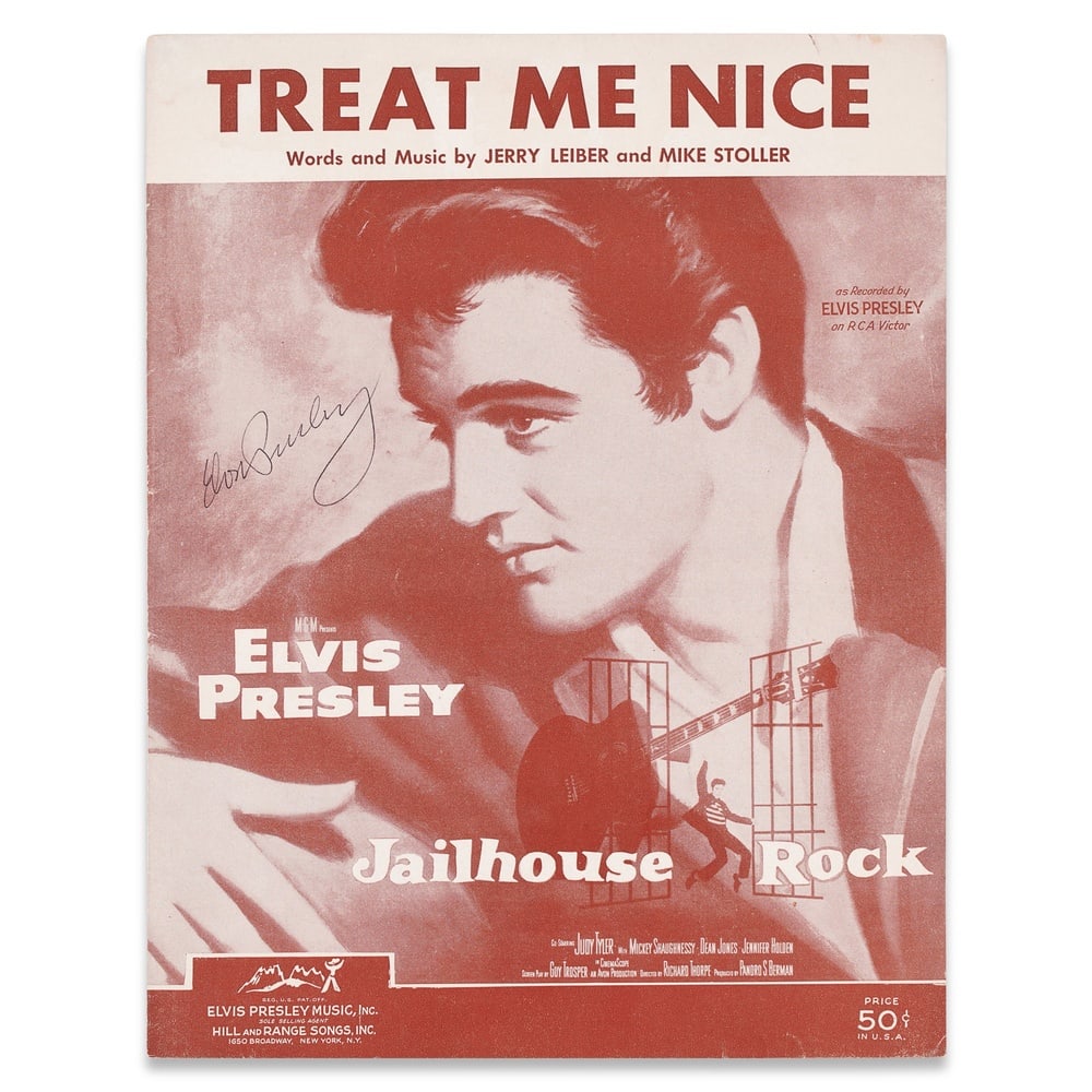 ELVIS PRESLEY SIGNED "TREAT ME NICE" SHEET MUSIC: 12 x 9 1/8 in (30.5 x 23 cm) Provenance and Authentication: This collectible has undergone a rigorous forensic evaluation. The signatures were carefully analyzed across multiple criteria, including