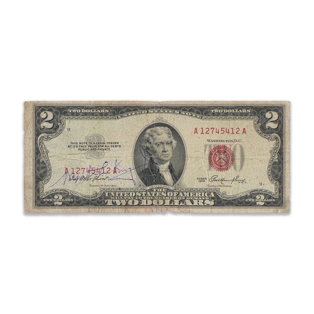 MARTIN LUTHER KING JR. SIGNED 1953 TWO DOLLAR NOTE: 6 1/8 x 2 1/2 in (15.5 x 6.5 cm) Provenance and Authentication: This collectible has undergone a rigorous forensic evaluation. The signatures were carefully analyzed across multiple criteria, includin