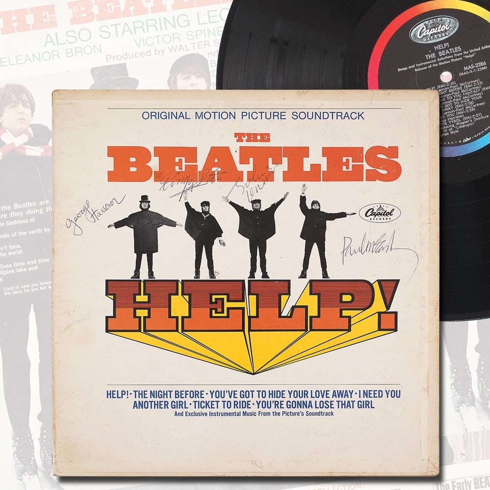 THE BEATLES FULLY SIGNED "HELP!" ORIGINAL MOTION PICTURE SOUNDTRACK LP: 12 1/4 x 12 1/4 in Provenance and Authentication: This collectible has undergone a rigorous forensic evaluation. The signatures were carefully analyzed across multiple criteria, including ink