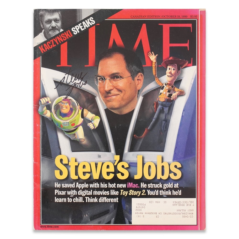 STEVE JOBS SIGNED "TIME" MAGAZINE: 10 1/2 x 8 1/8 in (26.8 x 20.5 cm) Provenance and Authentication: This collectible has undergone a rigorous forensic evaluation. The signatures were carefully analyzed across multiple criteria,
