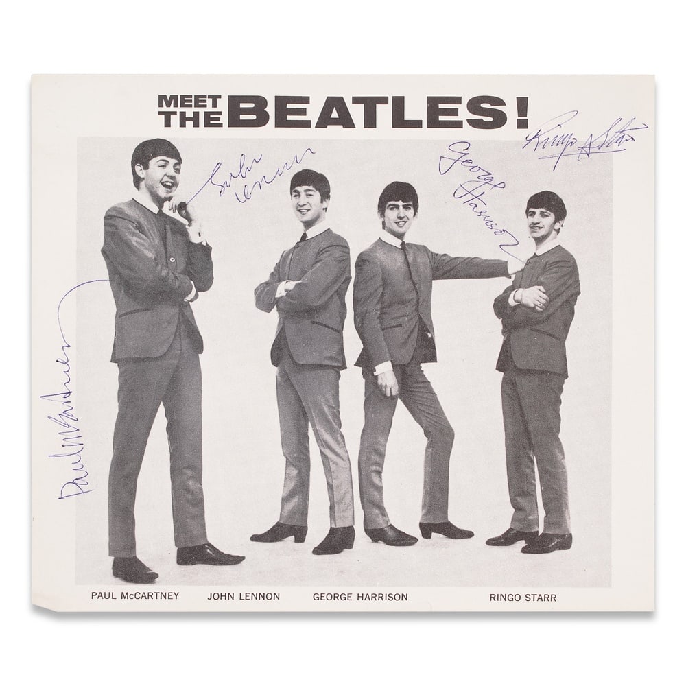 THE BEATLES FULLY SIGNED "MEET THE BEATLES!" PROMO PHOTO FLYER HANDBILL: 10 x 8 3/4 in (25.5 x 22.2 cm) Provenance and Authentication: This collectible has undergone a rigorous forensic evaluation. The signatures were carefully analyzed across multiple criteria, including