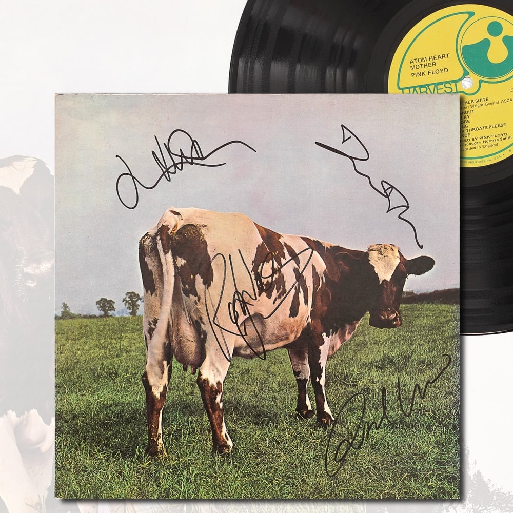 PINK FLOYD FULLY SIGNED "ATOM HEART MOTHER": 12 1/4 x 12 1/4 in Provenance and Authentication: This collectible has undergone a rigorous forensic evaluation. The signatures were carefully analyzed across multiple criteria, including ink