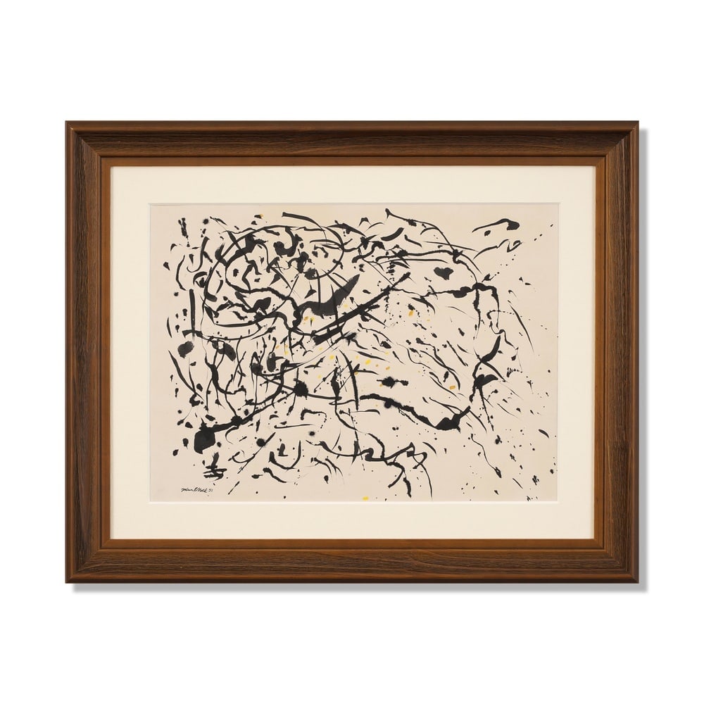JACKSON POLLOCK (1912-1956), ATTRIBUTED TO, INK AND GOUACHE ON PAPER: Signed (lower left) Image Dimensions: 15 x 20 1/2 in (38 x 52 cm) Framed Dimensions: 23 1/4 x 28 3/4 in (59 x 73 cm) This painting comes with COA. Few artists transformed the course of