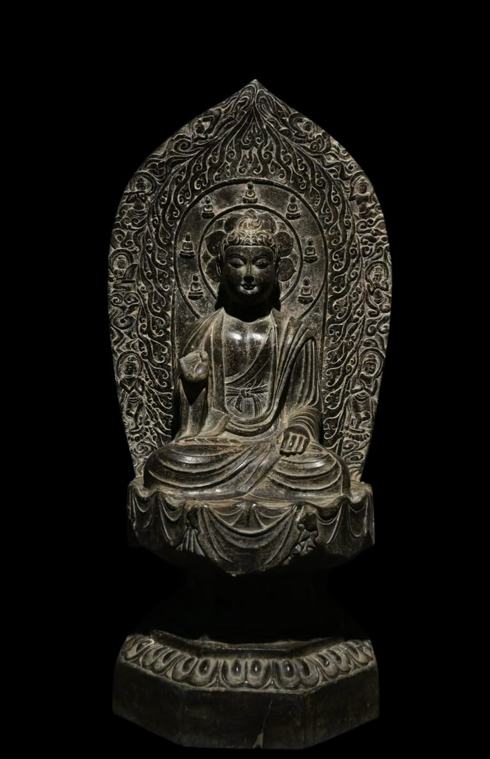 Seated blue stone Buddha statue from the Northern Wei Dynasty in China: H. 92 cm. L. 45 cm. W. 36 cm.