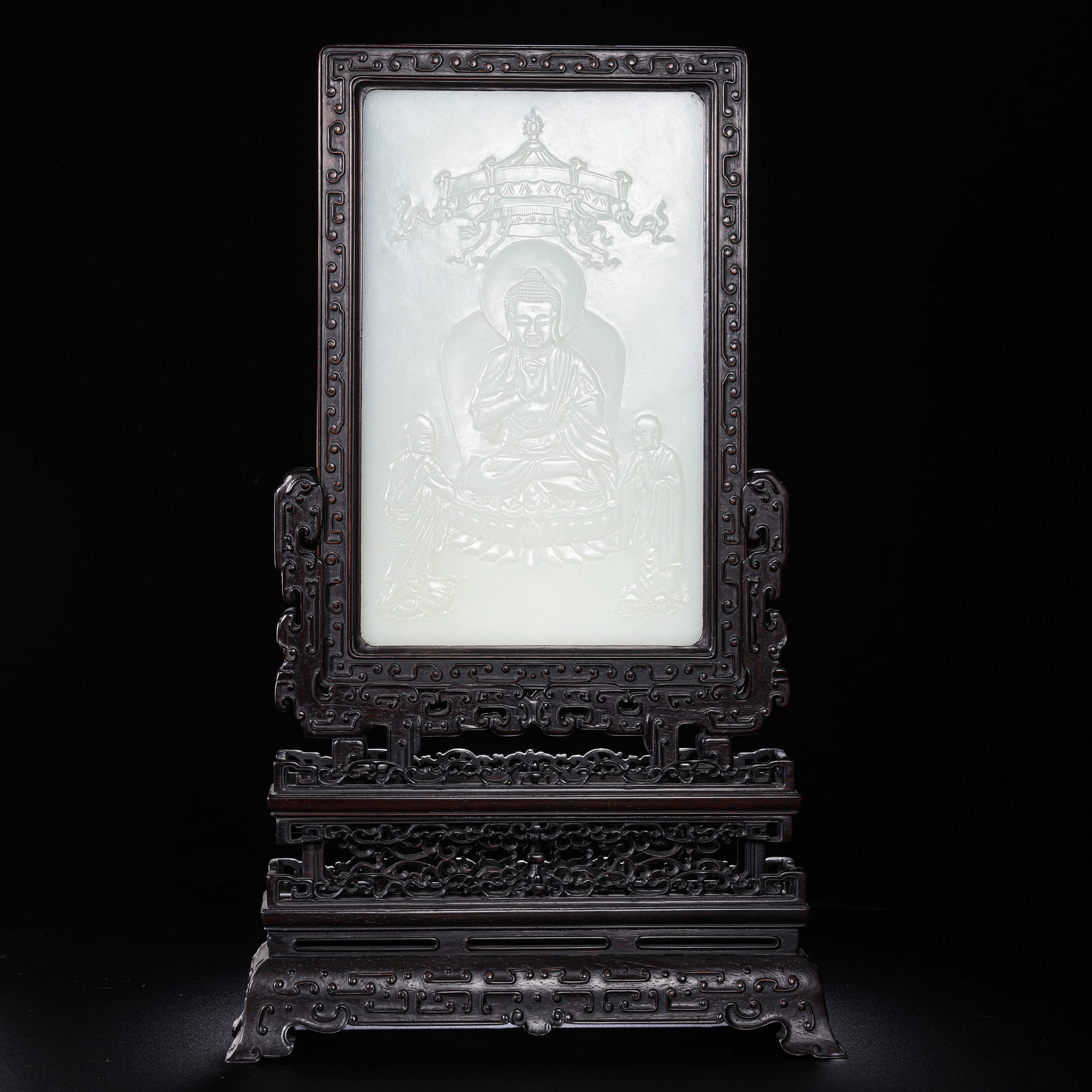 Chinese Qing Dynasty Hetian white jade Buddha statue screen: H. 46.5 cm. W. 28 cm. Weight. 2043.5 gram.