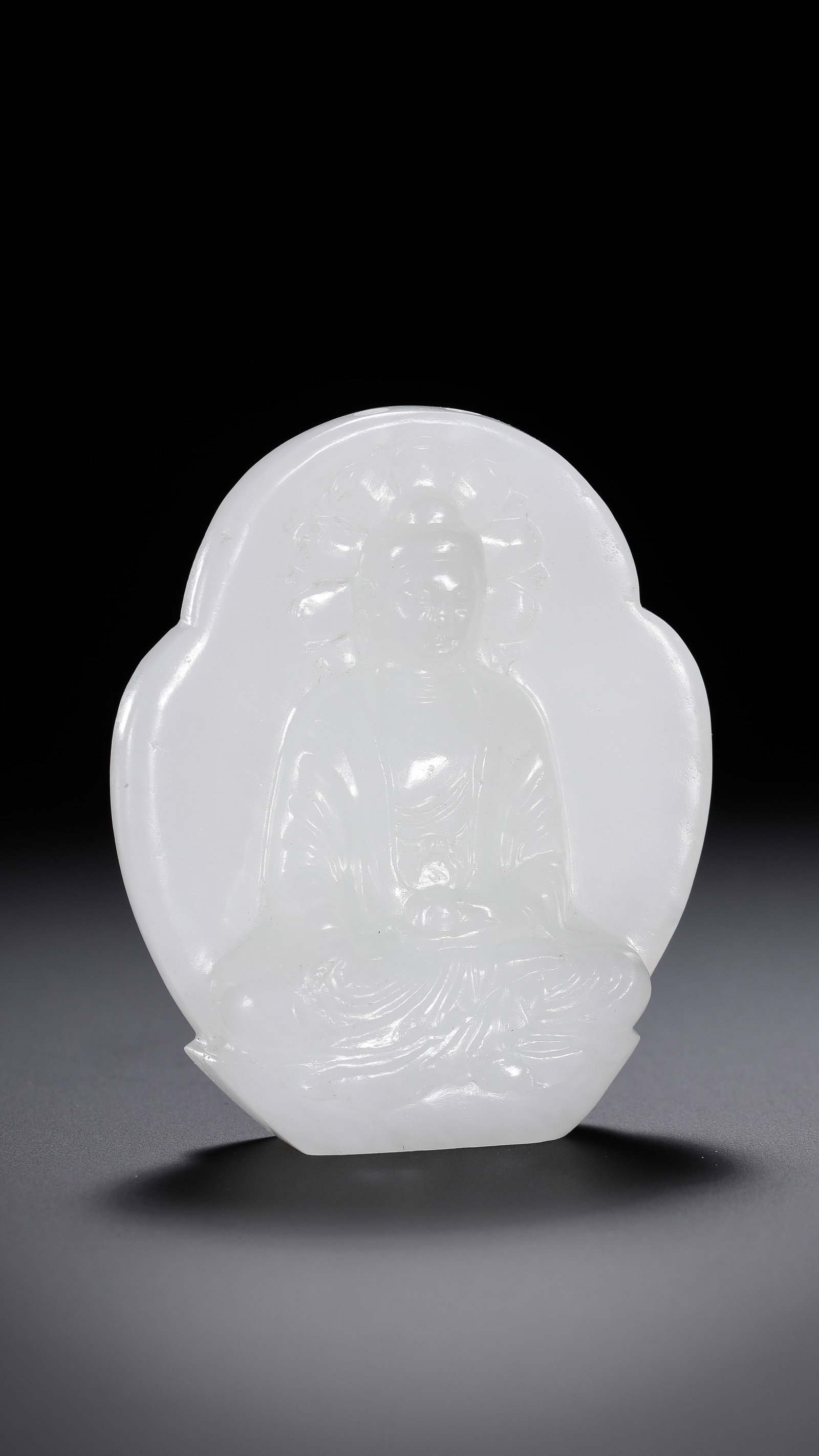 Chinese Qing Dynasty Hetian white jade Buddha pendant: H. 5.5 cm. W. 4.6 cm. Weight. 45 gram.