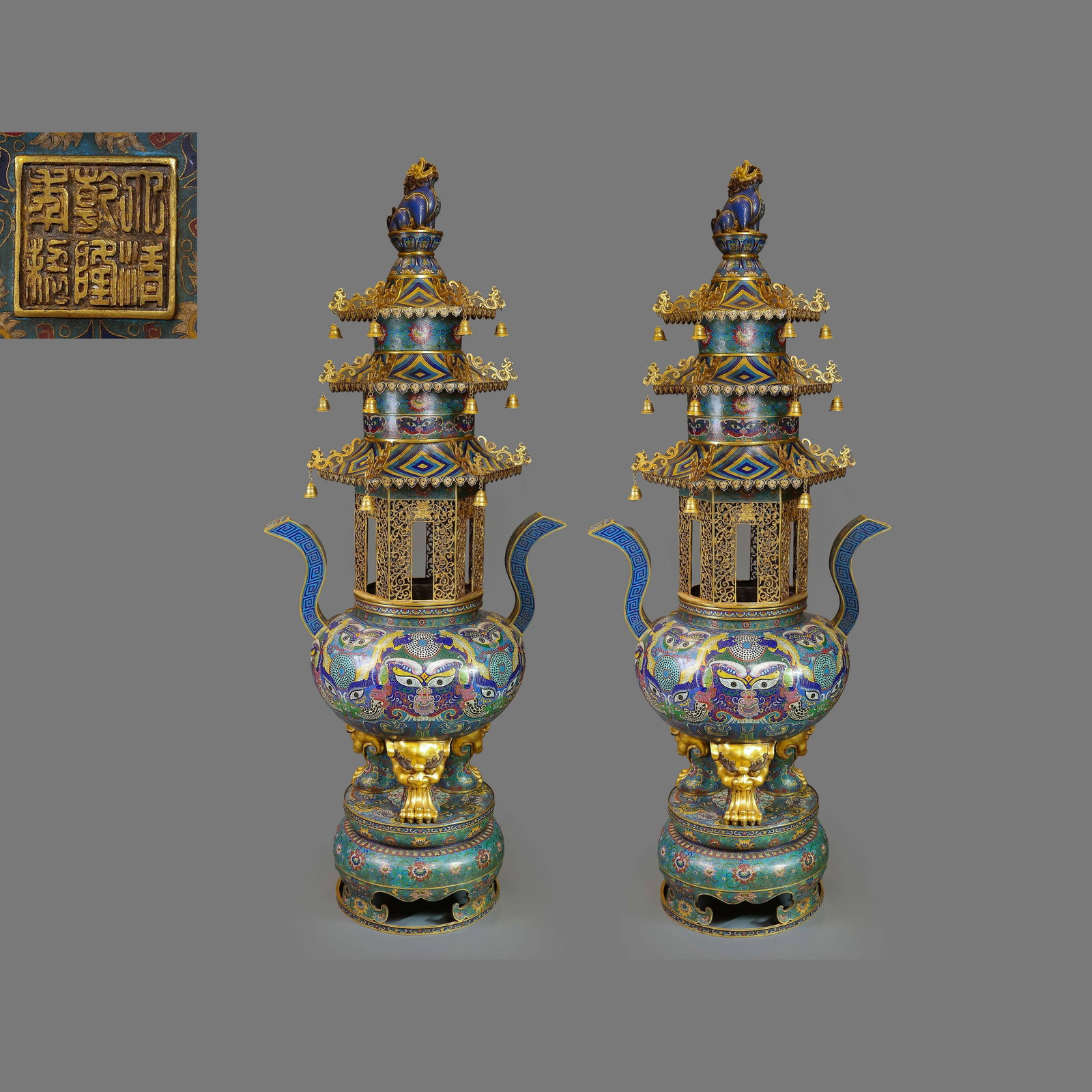 A pair of Chinese cloisonné enamel incense burners from the Qianlong period of the Qing Dynasty: H. 162 cm. W. 65 cm.
