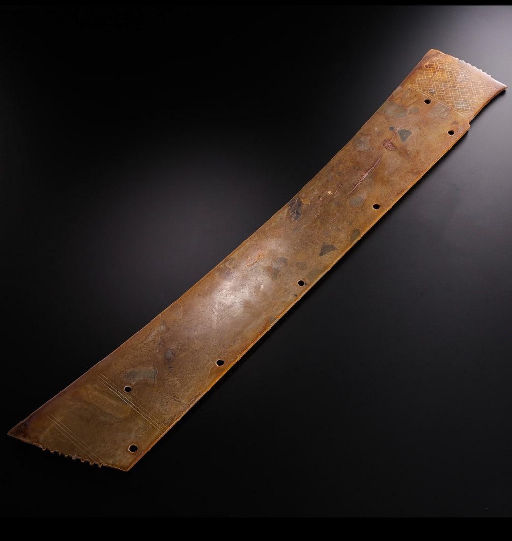 Jade scepter from the Hongshan Culture of the Hongshan Period in China: L. 54.5 cm. W. 10.5 cm. Weight. 1250 gram.