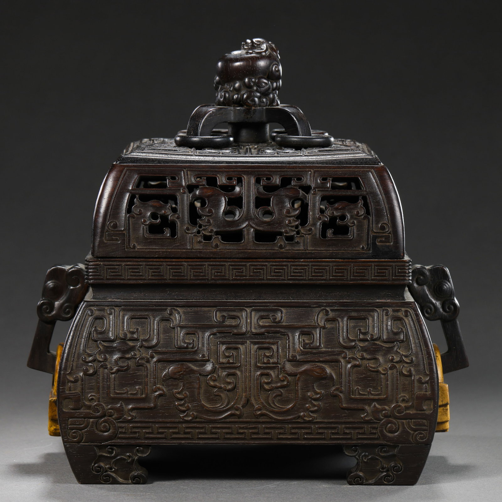 Chinese Qing Dynasty Rosewood Square Covered Jar with Two Handles (1 of 10)