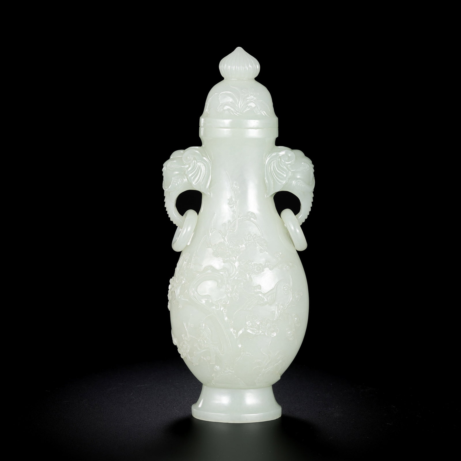 Chinese Qing Dynasty Hetian white jade double-ring-eared covered bottle: H. 23.8 cm. W. 9.5 cm. Weight. 424.3 gram.
