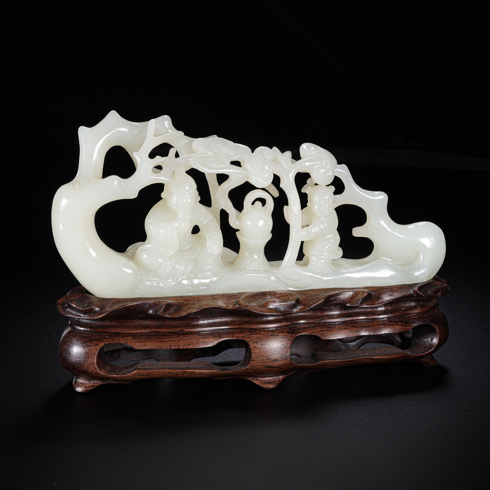 Chinese Qing Dynasty Hetian white jade exquisitely carved figure ornament: H. 11.5 cm. W. 16.5 cm. Weight. 421.2 gram.