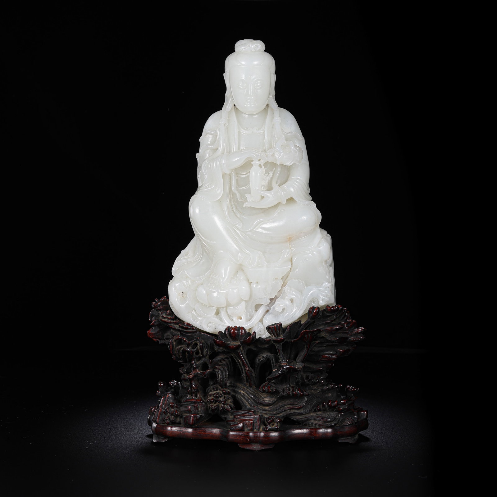 Chinese Qing Dynasty Hetian white jade seated Buddha statue: H. 30 cm. W. 15.5 cm. Weight. 2716 gram.
