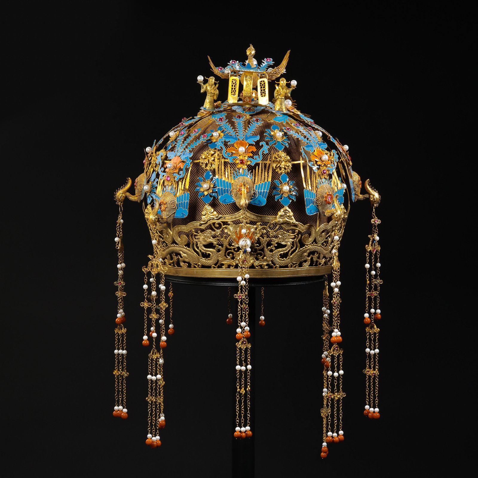 Chinese Qing Dynasty Gilt Bronze Phoenix Crown with Kingfisher Feather Inlay and Gemstones: H. 26 cm. W. 28 cm. Weight. 797 gram.