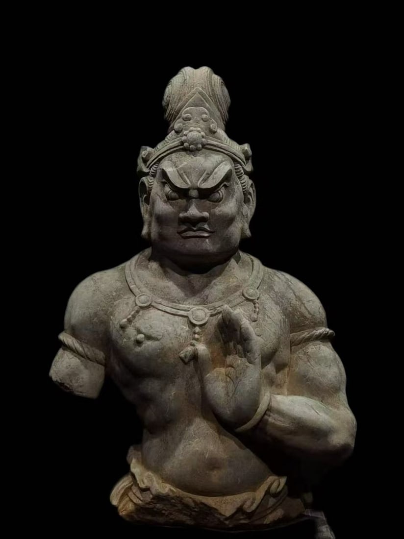 Tang Dynasty Blue Stone Standing Warrior Statue: L. 55 cm. W. 32 cm. H. 81 cm.