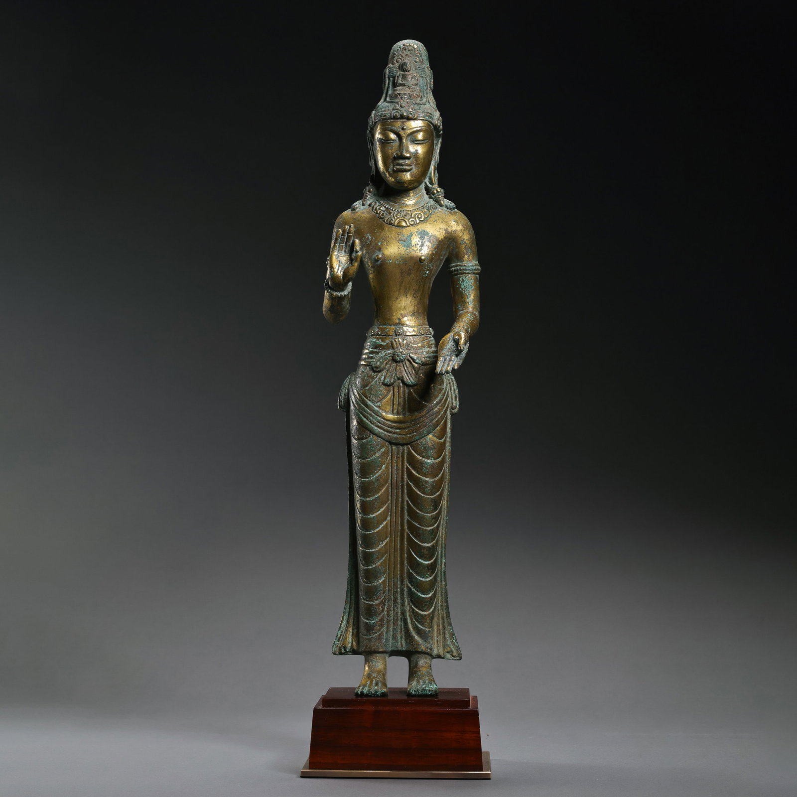 10th-century gilt bronze standing Buddha statue from the Dali Kingdom: H. 50.5 cm. H. 45 cm. Weight. 2360 gram.