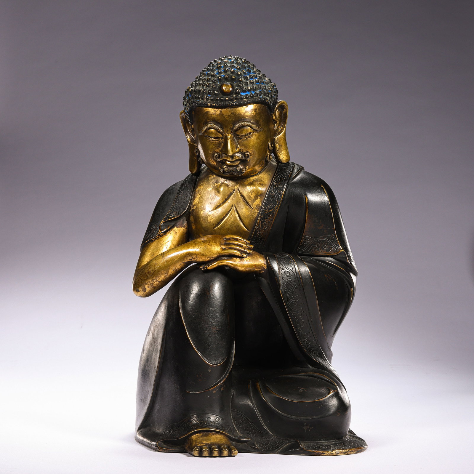 Gilt Bronze Seated Shakyamuni Buddha Statue from the Ming Dynasty, China: H. 33 cm. W. 28 cm. Weight. 5100 gram.