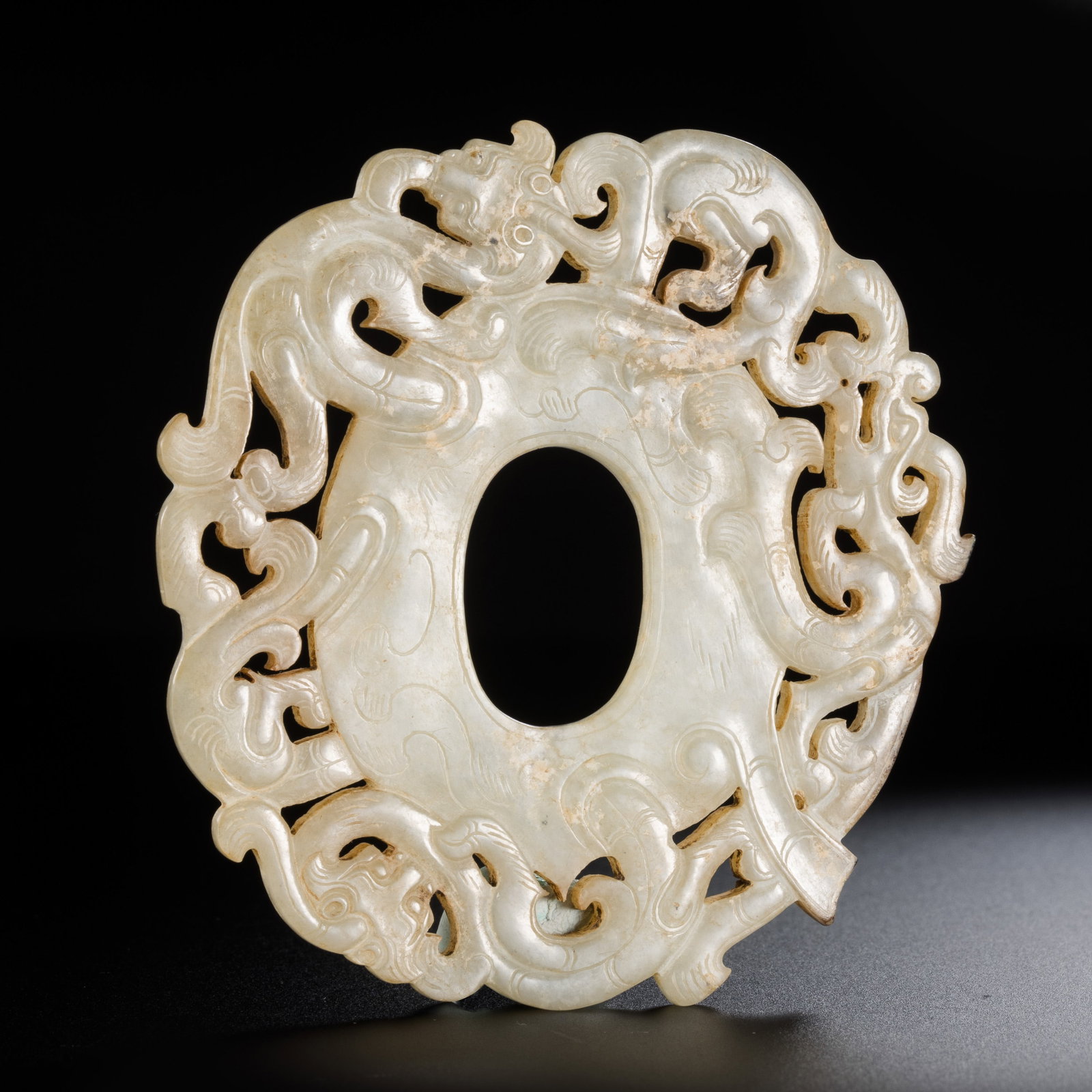 Chinese Han Dynasty Jade Pendant with Chi Dragon Design: L. 8.5 cm. W. 8 cm.
