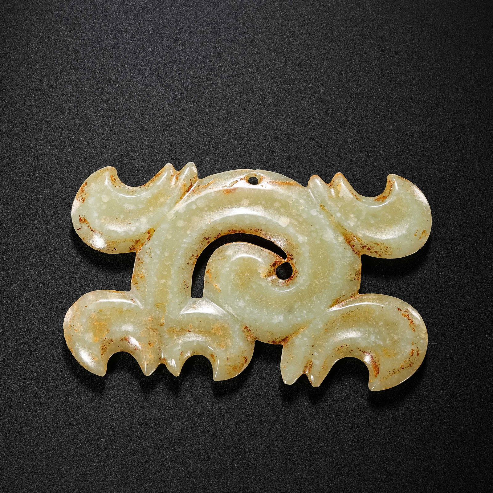 Hongshan Culture (Hongshan Period) Jade Pendant with Hooked Clouds: L. 10.5 cm. W. 6.8 cm. Weight. 67 gram.