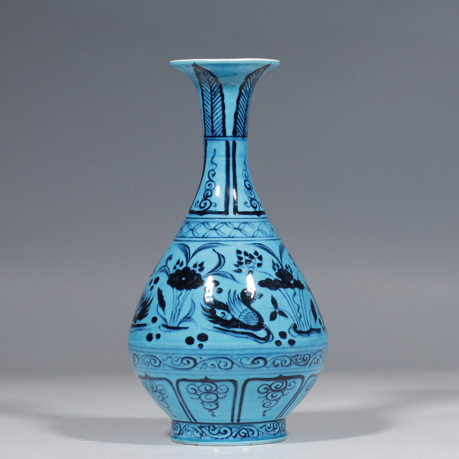 Chinese Yuan Dynasty blue and white porcelain vase with mandarin ducks playing in water design. (1 of 9)
