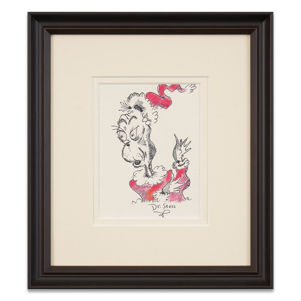 DR. SEUSS SIGNED INK AND COLOR DRAWING: Image Dimensions: 8 1/8 x 6 1/8 in (20.5 x 15.4 cm) Framed Dimensions: 16 3/4 x 14 3/4 in (42.6 x 37.6 cm) Provenance and Authentication: This collectible has undergone a rigorous forensic