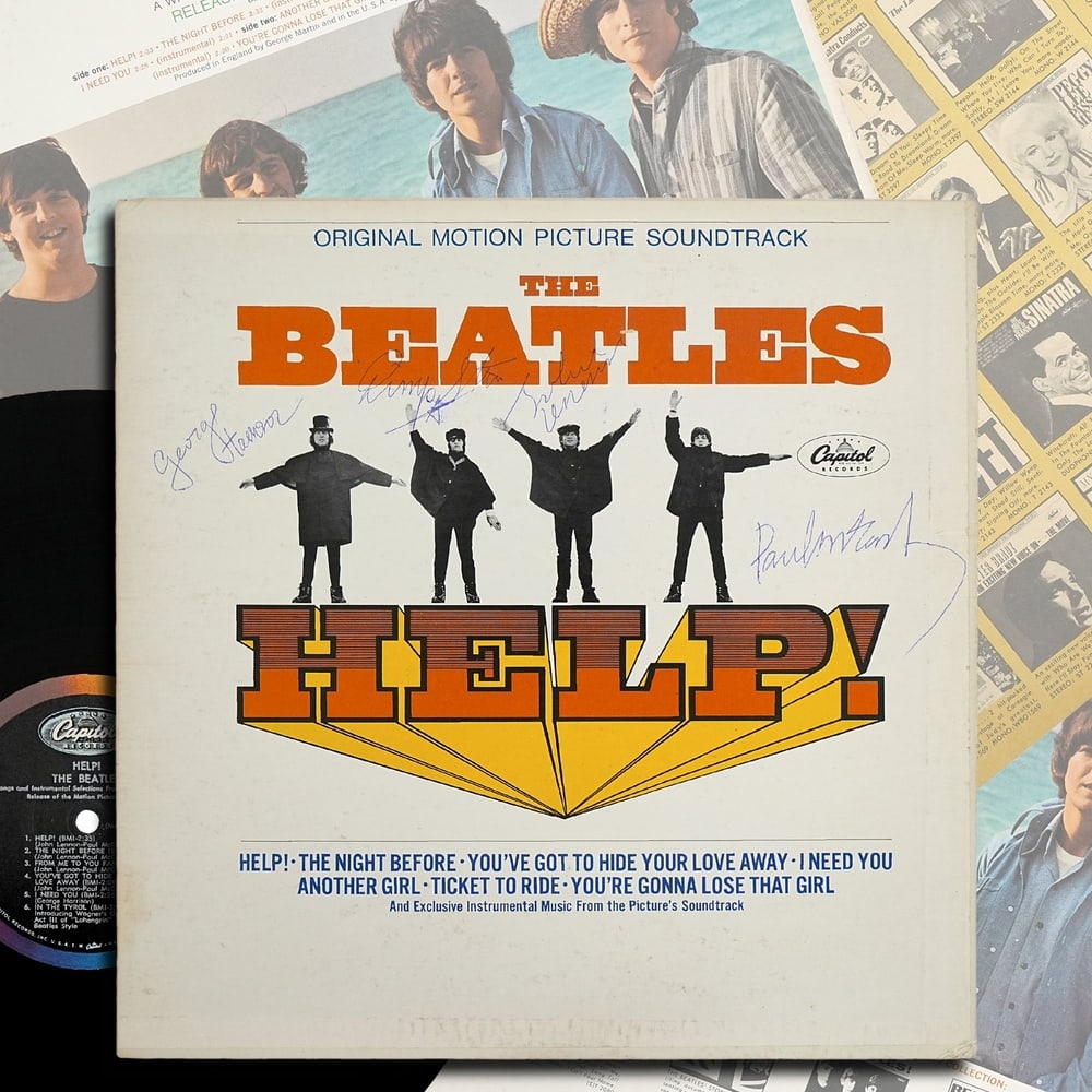 THE BEATLES FULLY SIGNED "HELP!" SOUNDTRACK LP: 12 1/4 x 12 1/4 in Provenance and Authentication: This collectible has undergone a rigorous forensic evaluation. The signatures were carefully analyzed across multiple criteria, including ink