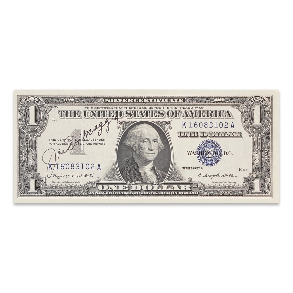 JOE DIMAGGIO SIGNED 1957 U.S. ONE DOLLAR SILVER CERTIFICATE: 6 1/4 x 2 5/8 in (15.8 x 6.7 cm) Provenance and Authentication: This collectible has undergone a rigorous forensic evaluation. The signatures were carefully analyzed across multiple criteria,