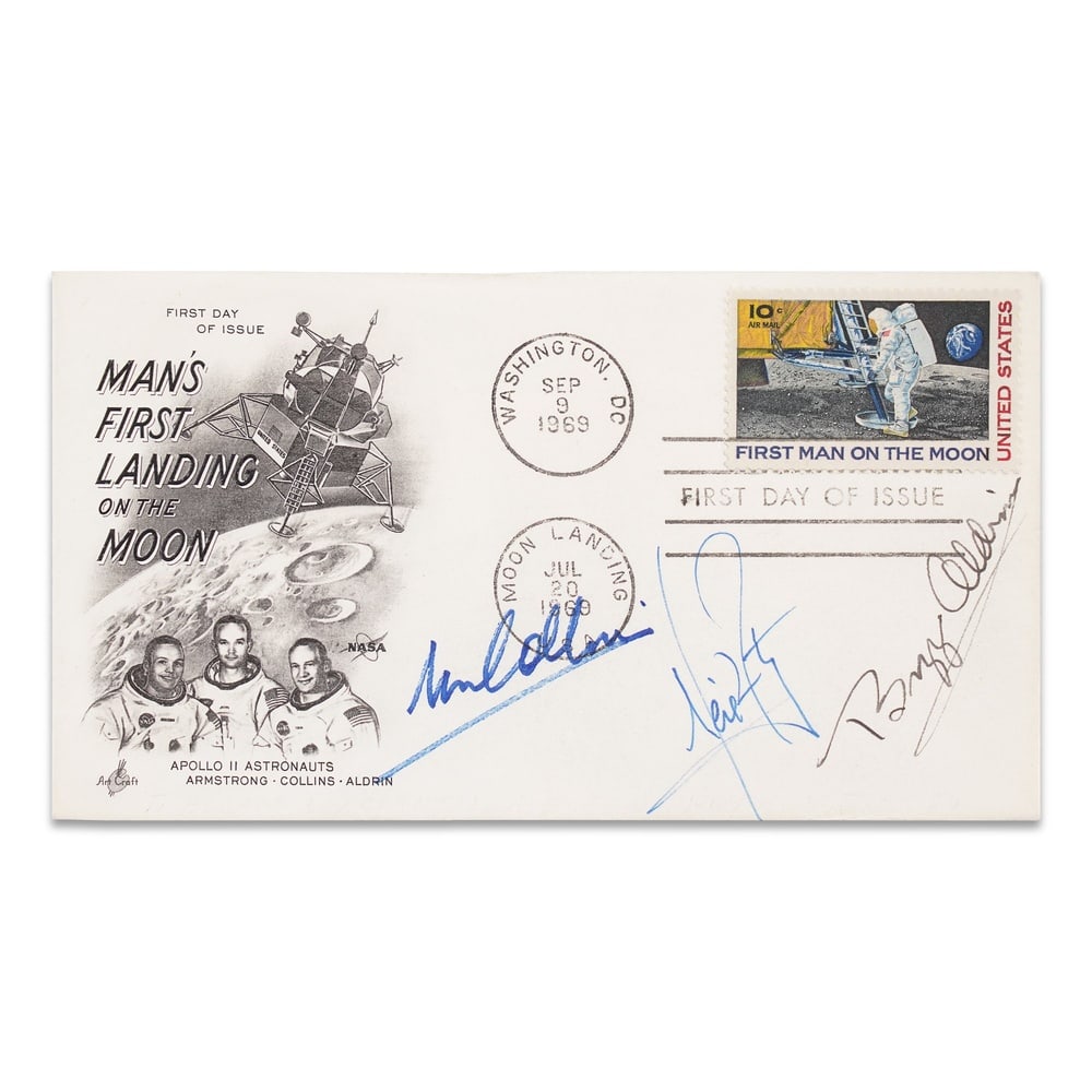 APOLLO 11 FULLY SIGNED "FIRST DAY OF ISSUE" ENVELOPE: 6 1/2 x 3 5/8 in (16.5 x 9.2 cm) Provenance and Authentication: This collectible has undergone a rigorous forensic evaluation. The signatures were carefully analyzed across multiple criteria,