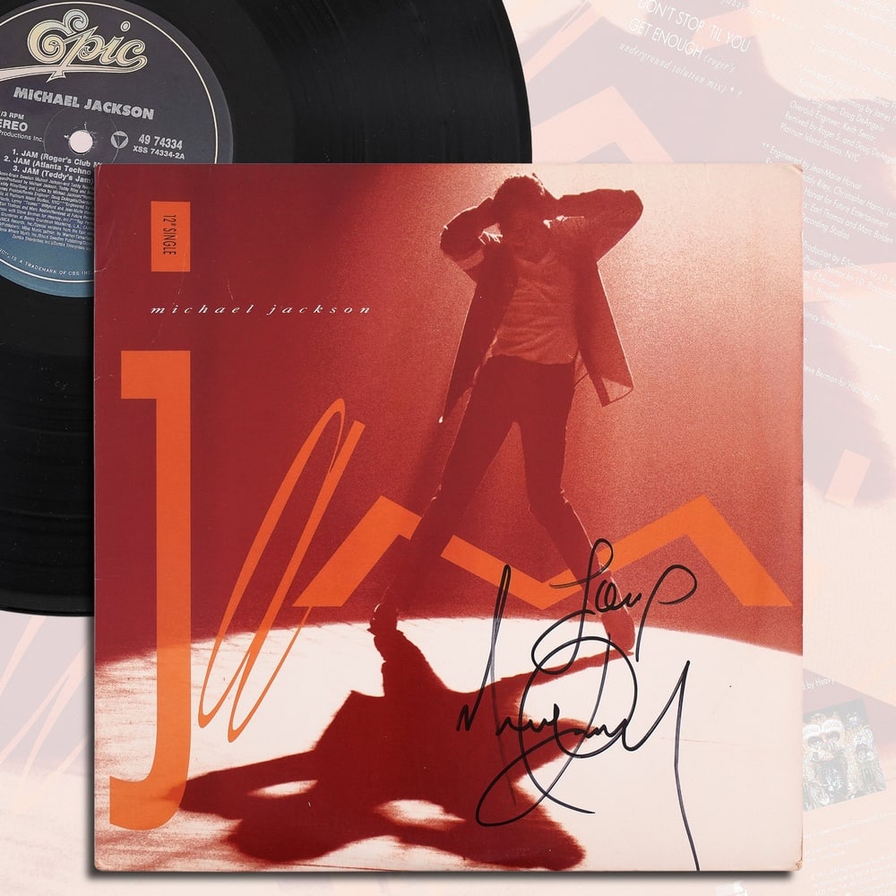 MICHAEL JACKSON SIGNED "JAM" 12" SINGLE LP: 12 1/4 x 12 1/4 in Provenance and Authentication: This collectible has undergone a rigorous forensic evaluation. The signatures were carefully analyzed across multiple criteria, including ink depositi