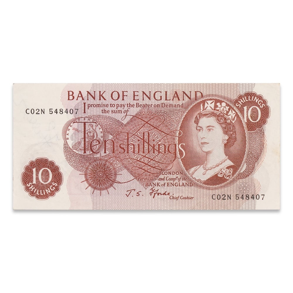 THE BEATLES FULLY SIGNED BANK OF ENGLAND TEN SHILLINGS NOTE: 5 1/2 x 2 5/8 in (14 x 6.6 cm) Provenance and Authentication: This collectible has undergone a rigorous forensic evaluation. The signatures were carefully analyzed across multiple criteria, including