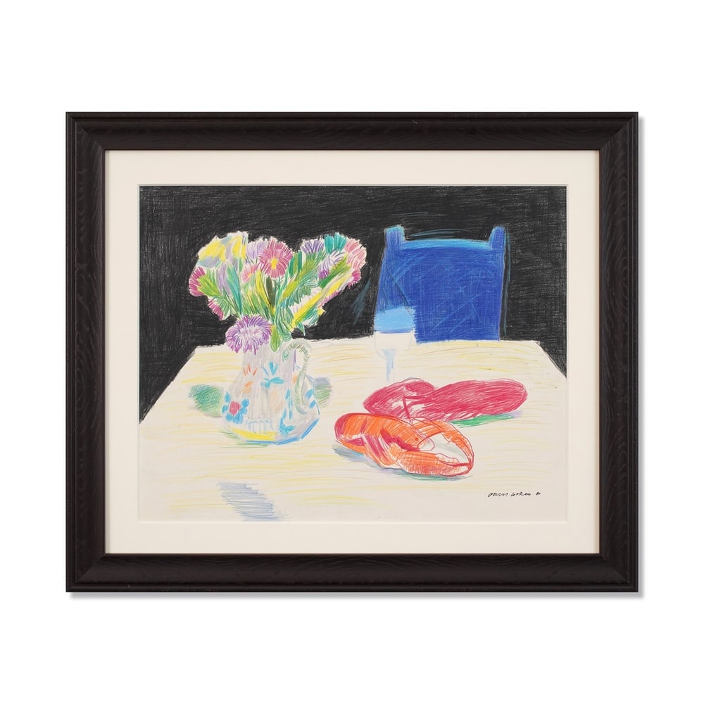 DAVID HOCKNEY (1937-2026), ATTRIBUTED TO, COLOURED CRAYON ON PAPER: Signed (lower right) Image Dimensions: 19 1/8 x 24 in (48.5 x 61 cm) Framed Dimensions: 26 5/8 x 31 3/8 in (67.5 x 79.7 cm) This painting comes with COA. David Hockney is universally regarded as one o