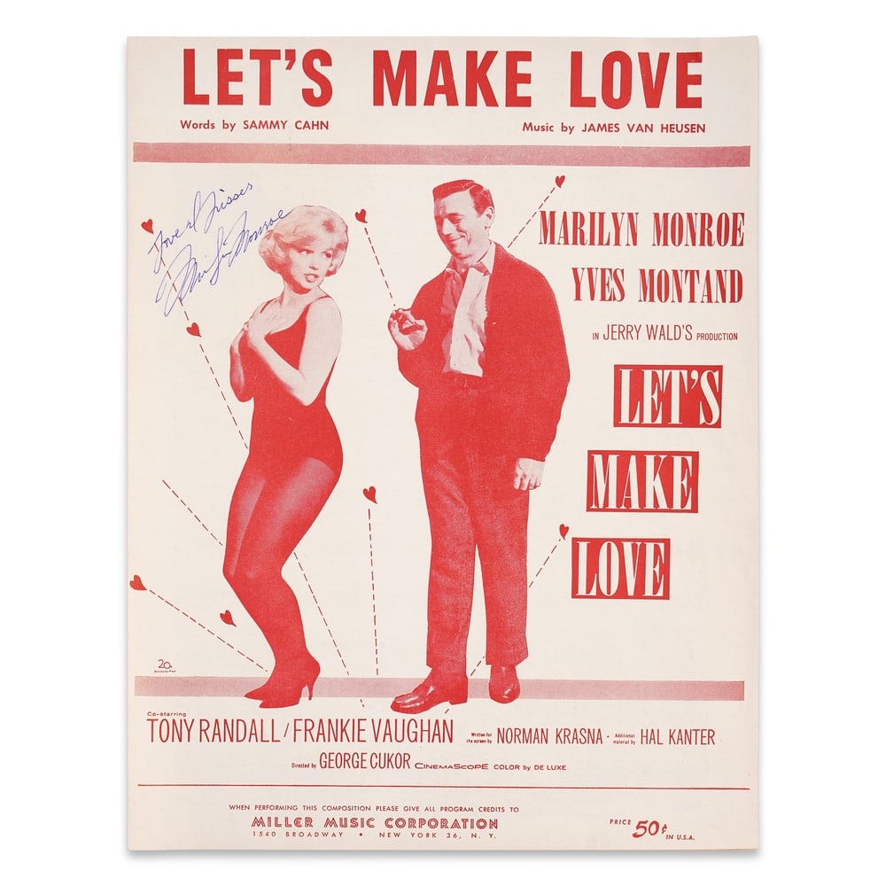 MARILYN MONROE SIGNED "LET'S MAKE LOVE" SHEET MUSIC (1960 FILM RELATED): 12 x 9 in (30.5 x 23 cm) Provenance and Authentication: This collectible has undergone a rigorous forensic evaluation. The signatures were carefully analyzed across multiple criteria, including ink