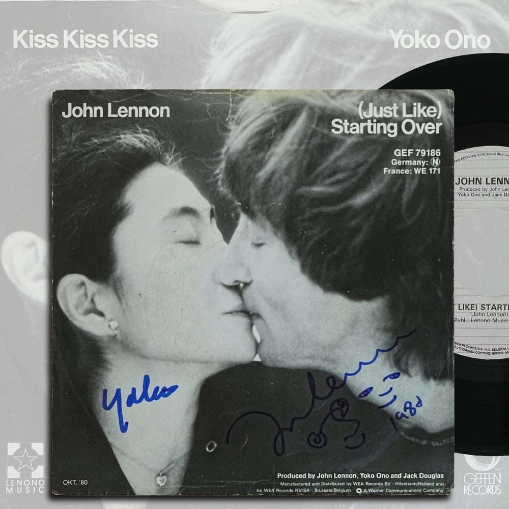 JOHN LENNON & YOKO ONO SIGNED "(JUST LIKE) STARTING OVER" 7-INCH SINGLE: 7 1/8 x 7 1/8 in Provenance and Authentication: This collectible has undergone a rigorous forensic evaluation. The signatures were carefully analyzed across multiple criteria, including ink deposition
