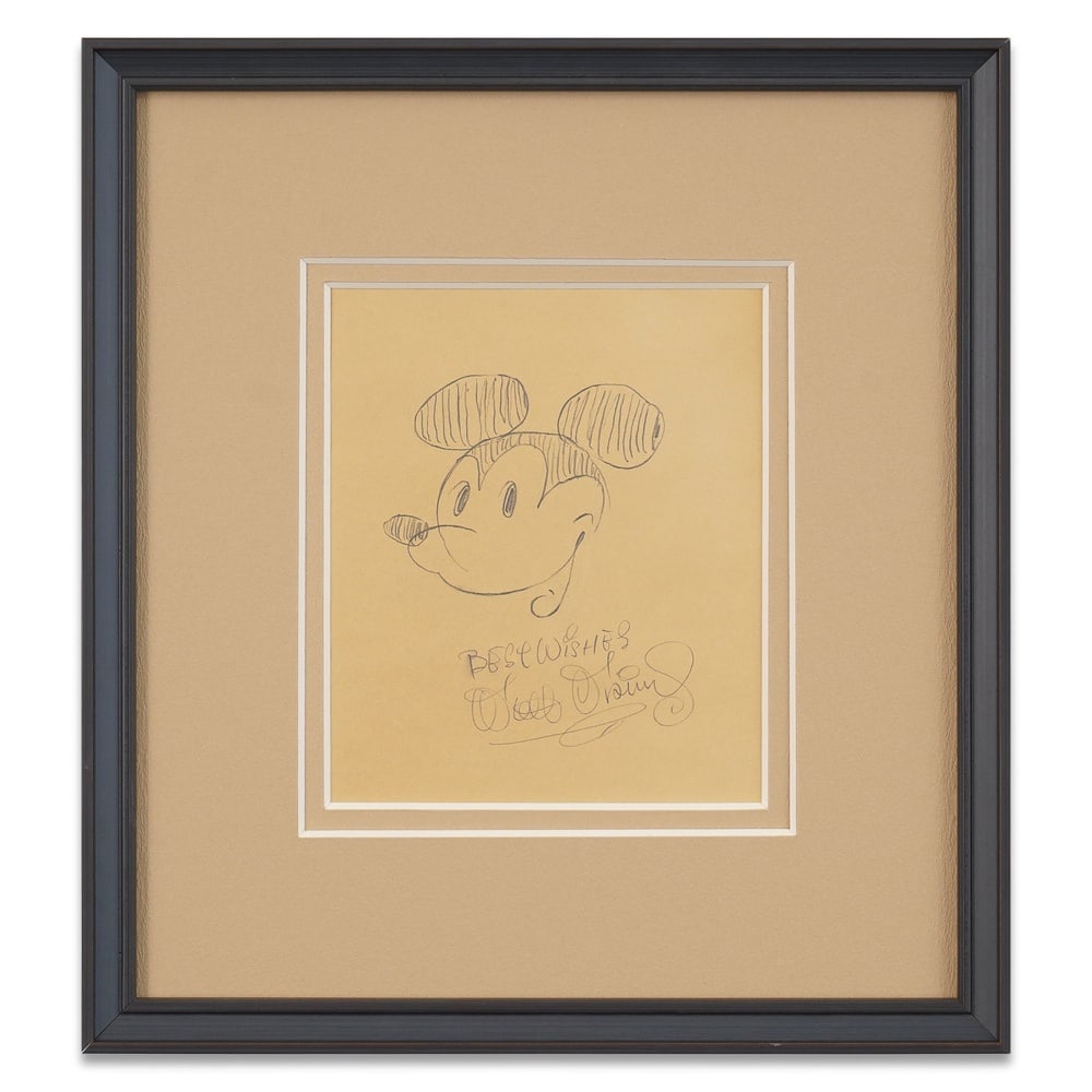 WALT DISNEY HAND-DRAWN AND SIGNED MICKEY MOUSE SKETCH: Image Dimensions: 8 x 6 3/4 in (20.4 x 17 cm) Framed Dimensions: 15 7/8 x 14 5/8 in (40.5 x 37 cm) Provenance and Authentication: According to the accompanying documentation provided by the consignor,