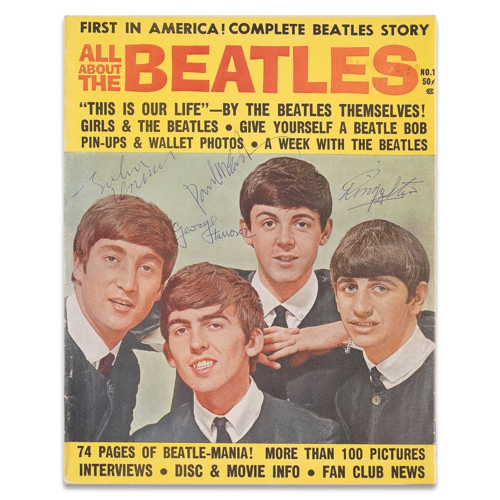 THE BEATLES FULLY SIGNED "ALL ABOUT THE BEATLES" NO. 1 MAGAZINE: 10 7/8 x 8 1/2 in (27.5 x 21.5 cm) Provenance and Authentication: This collectible has undergone a rigorous forensic evaluation. The signatures were carefully analyzed across multiple criteria, includ