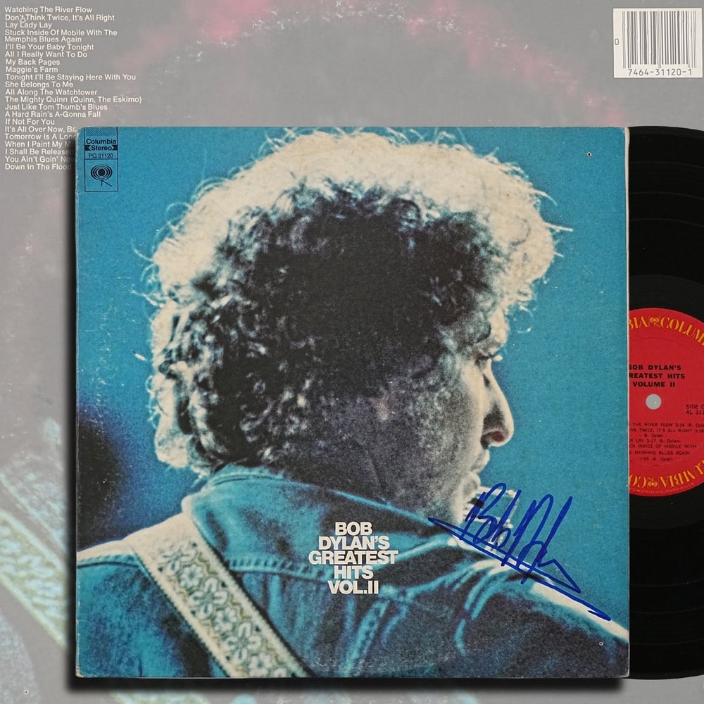 BOB DYLAN SIGNED "BOB DYLAN'S GREATEST HITS VOL. II" U.S. FIRST PRESSING: 12 1/4 x 12 1/4 in Provenance and Authentication: According to the accompanying documentation provided by the consignor, the signatures have been examined with reference to multiple factors, including