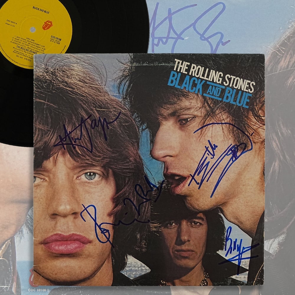 THE ROLLING STONES FULLY SIGNED "BLACK AND BLUE" LP: 12 1/4 x 12 1/4 in Provenance and Authentication: This collectible has undergone a rigorous forensic evaluation. The signatures were carefully analyzed across multiple criteria, including ink depositi