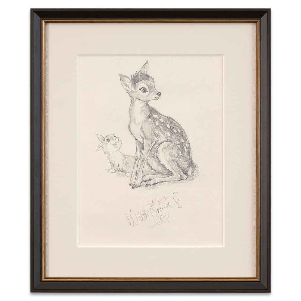 WALT DISNEY HAND-DRAWN AND SIGNED BAMBI SKETCH: Image Dimensions: 10 3/4 x 8 1/4 in (27.2 x 20.8 cm) Framed Dimensions: 16 1/8 x 13 5/8 in (41.1 x 34.6 cm) Provenance and Authentication: According to the accompanying documentation provided by the c