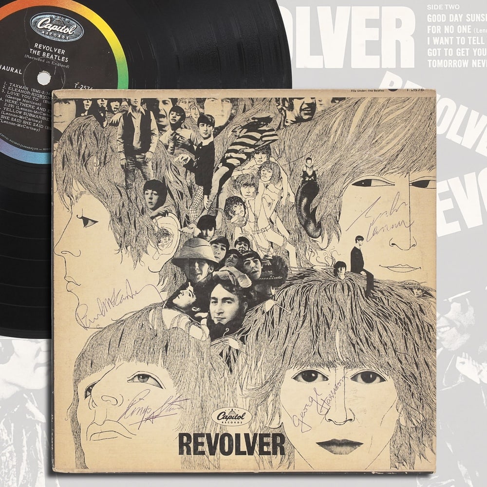 THE BEATLES FULLY SIGNED "REVOLVER" LP: 12 3/8 x 12 3/8 in (31.5 x 31.5 cm) Provenance and Authentication: According to the accompanying documentation provided by the consignor, the signatures have been examined with reference to multiple f