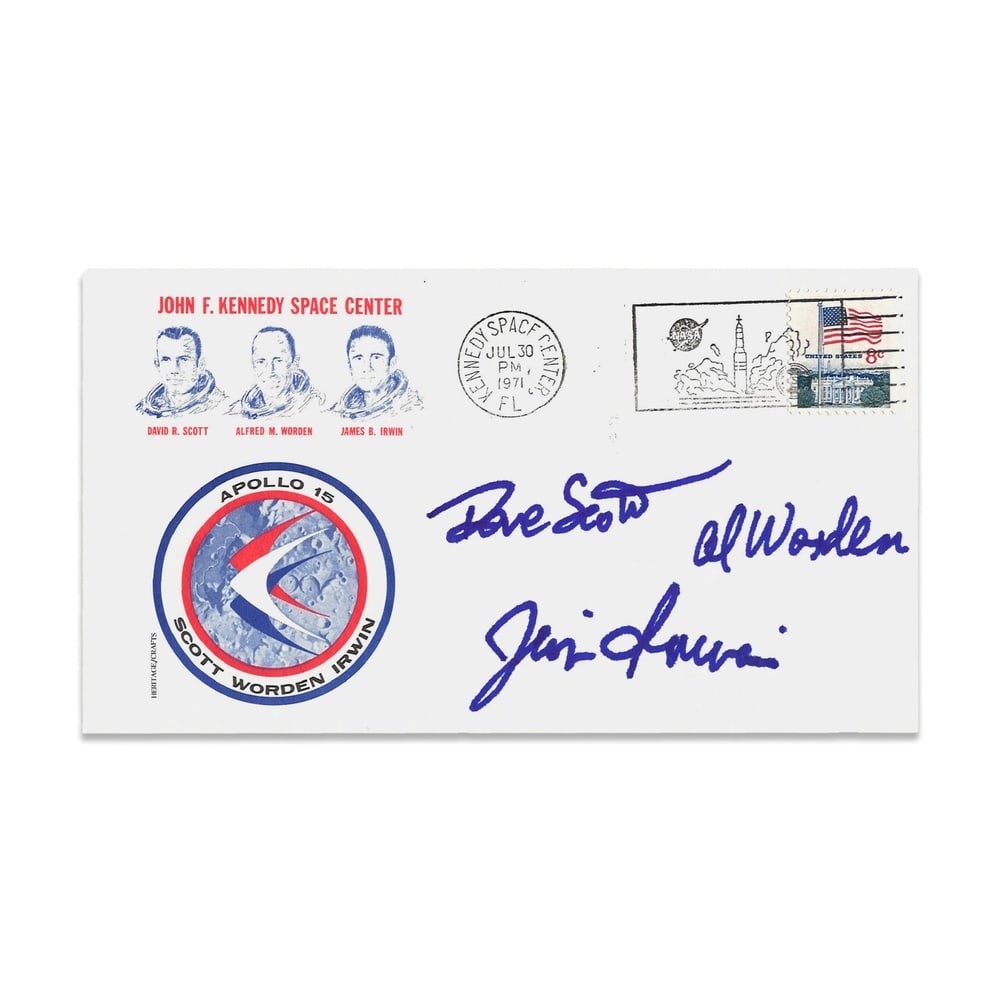 APOLLO 15 CREW FULLY SIGNED FIRST DAY COVER (1971): 6 1/2 x 3 5/8 in (16.5 x 9.2 cm) A First Day Cover commemorating Apollo 15, issued in 1971 and fully signed by David R. Scott, Alfred M. Worden, and James B. Irwin. The cover features the official Apo