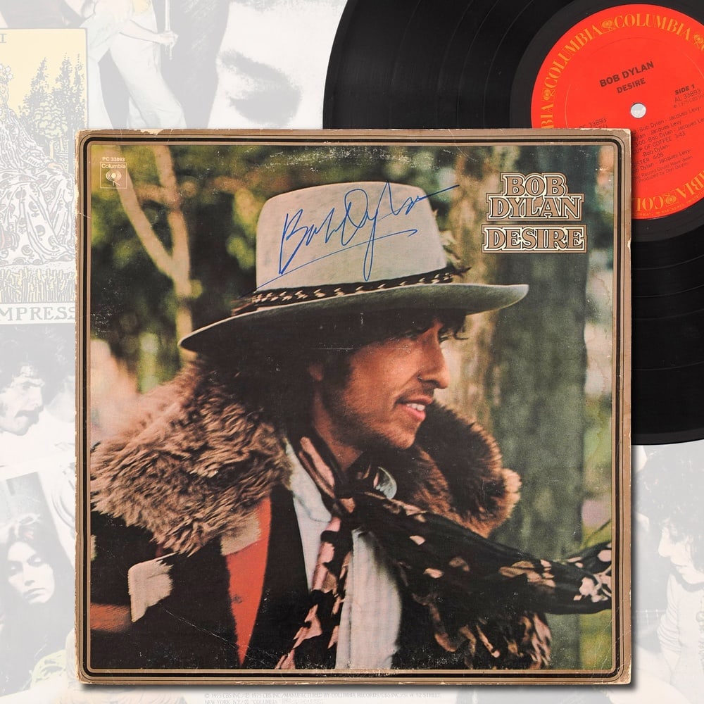 BOB DYLAN SIGNED "DESIRE" LP: 12 1/4 x 12 1/4 in Provenance and Authentication: This collectible has undergone a rigorous forensic evaluation. The signatures were carefully analyzed across multiple criteria, including ink depositi