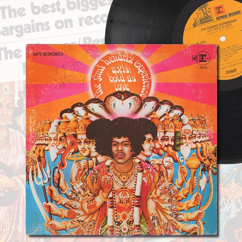 JIMI HENDRIX SIGNED "AXIS: BOLD AS LOVE" LP: 12 1/4 x 12 1/4 in Provenance and Authentication: This collectible has undergone a rigorous forensic evaluation. The signatures were carefully analyzed across multiple criteria, including ink depositi