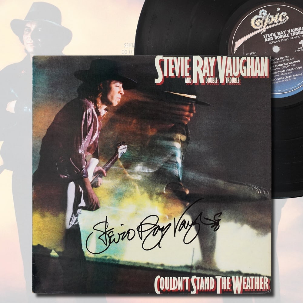STEVIE RAY VAUGHAN SIGNED "COULDN'T STAND THE WEATHER" LP: 12 1/4 x 12 1/4 Provenance and Authentication: This collectible has undergone a rigorous forensic evaluation. The signatures were carefully analyzed across multiple criteria, including ink deposition,