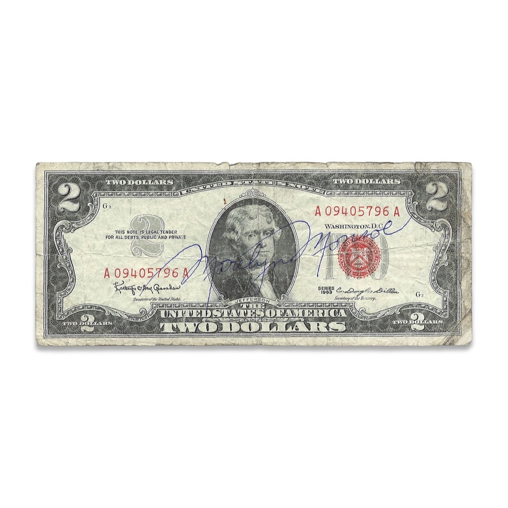 MARILYN MONROE SIGNED U.S. TWO DOLLAR NOTE: 6 1/8 x 2 1/2 in (15.5 x 6.5 cm) Provenance and Authentication: This collectible has undergone a rigorous forensic evaluation. The signatures were carefully analyzed across multiple criteria, includin