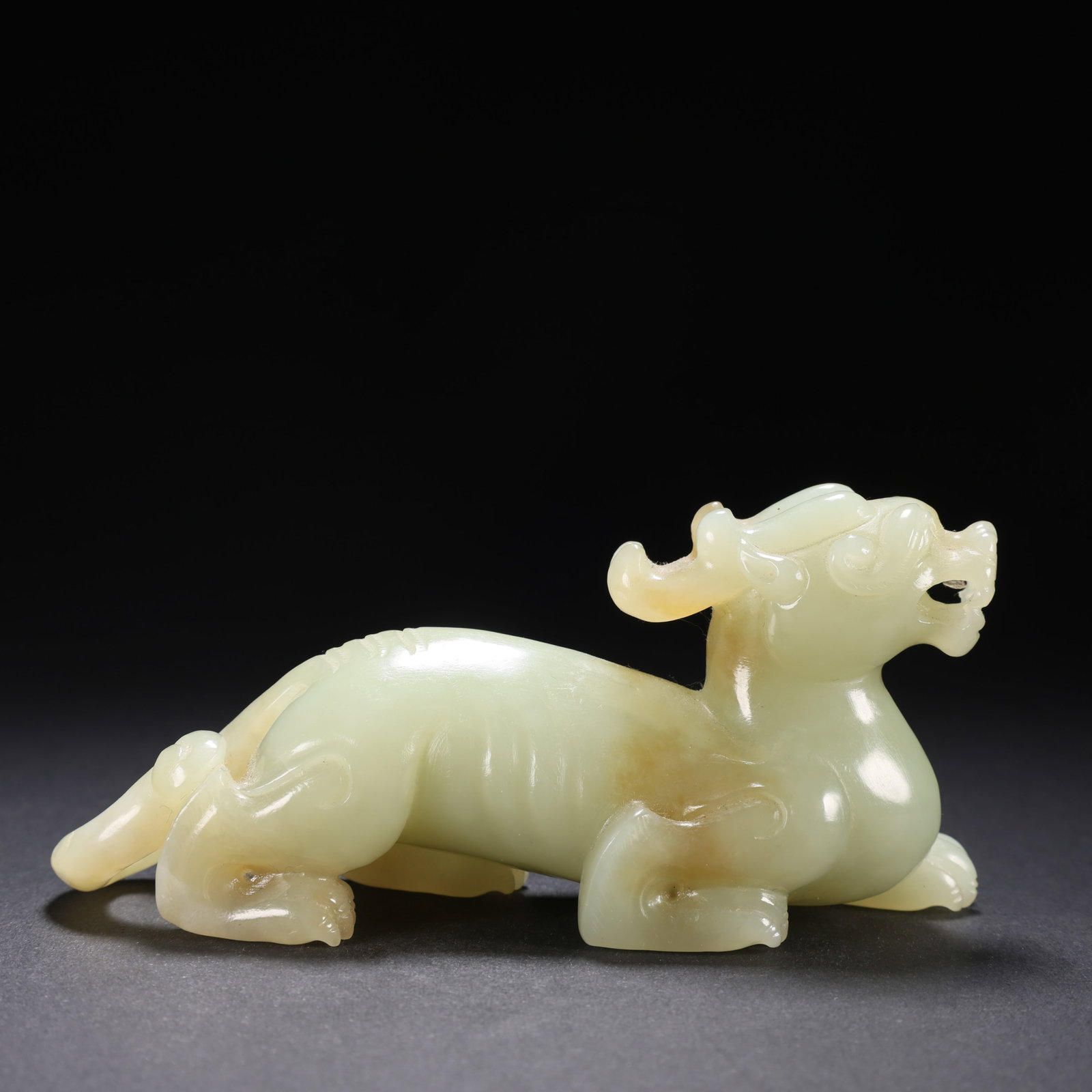 Ancient Chinese Hetian Jade Auspicious Beasts: L. 11.6 cm. W. 4 cm. H. 5.3 cm. Weight. 215 gram.