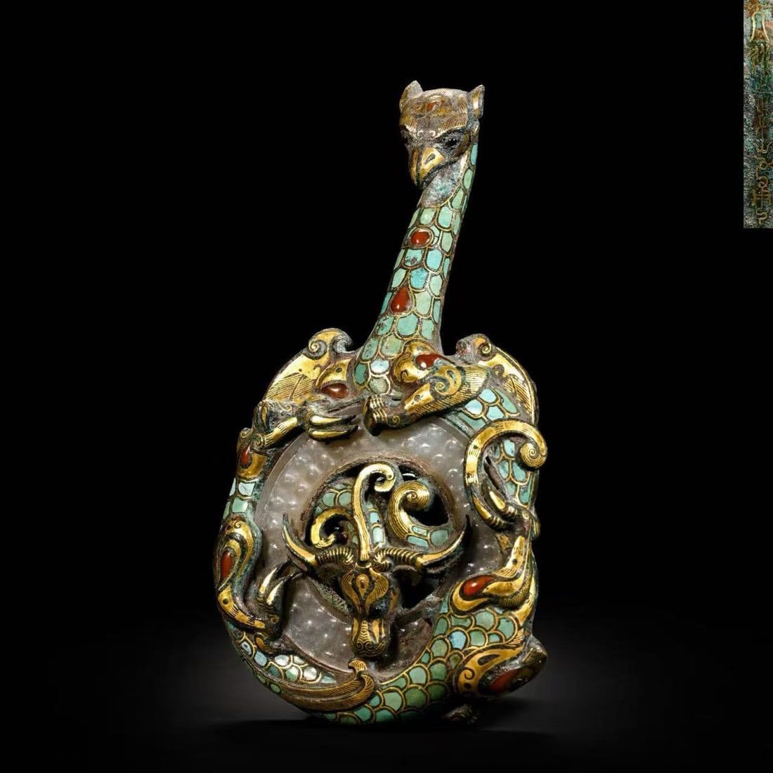 Chinese Warring States Period Belt Hook Inlaid with Gold, Silver and Jade: /
