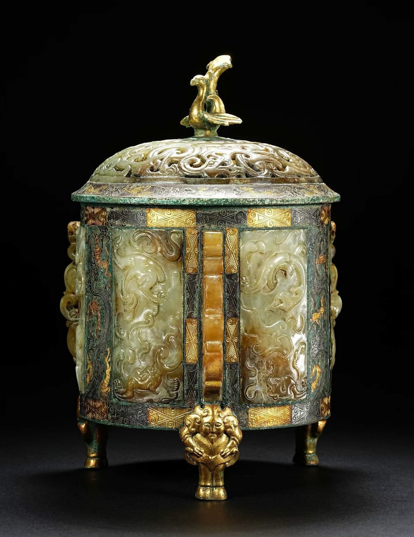 Three-legged incense burner inlaid with gold, silver and jade from the Warring States period of: /